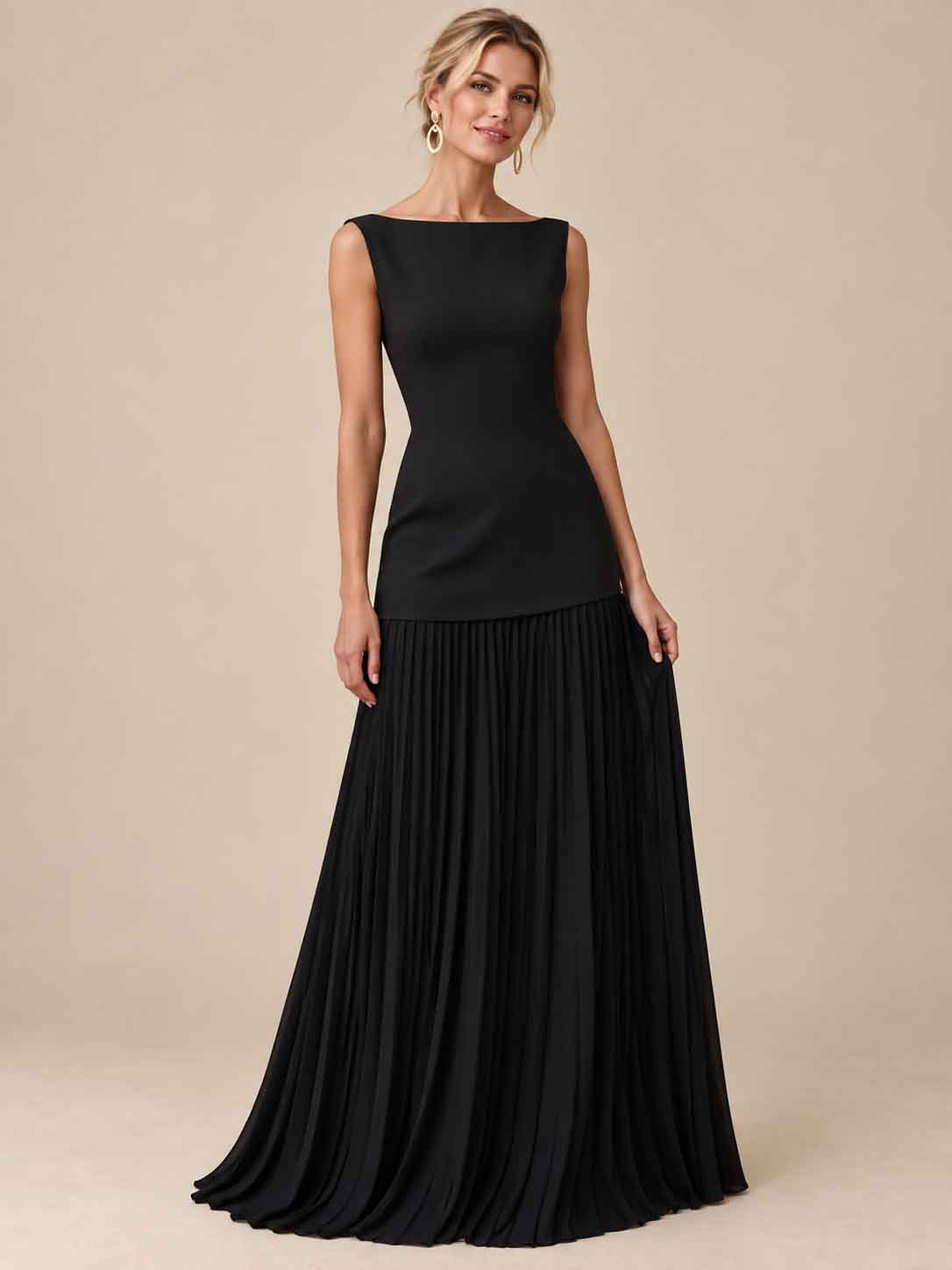 Women’s Ivory Elegant Boat Neck Sleeveless Pleated Maxi Dress with Drop Waist Detail