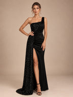 Women’s Black Glamorous Velvet Sequin One-Shoulder Sleeveless Regular Maxi Prom Dress with High Slit