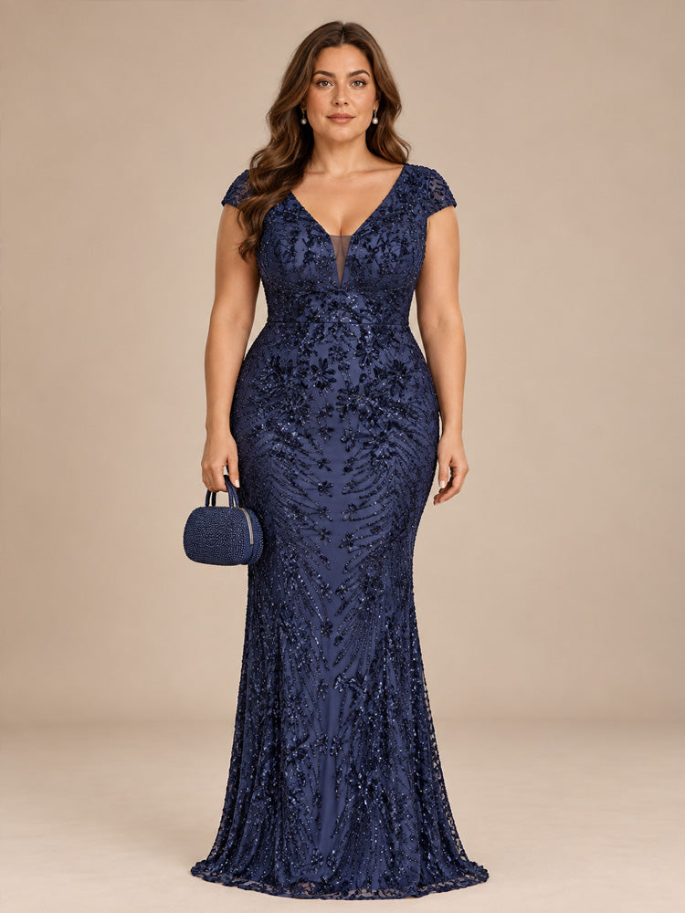 Women’s Olive Green Elegant Sequin Mesh V-Neck Cap Sleeve Mermaid Maxi Dress