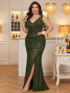 Women’s Olive Glamorous Sequin V Neck Sleeveless High Slit Maxi Dress