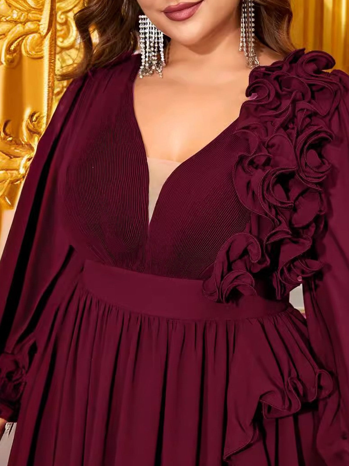 Women’s Burgundy Elegant Chiffon V-Neck Long Sleeve A-Line Maxi Dress with Ruffle Detail