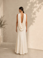 Women’s Glamorous Satin One-Shoulder Sleeveless Slim Mermaid Maxi Dress with Draped Train Detail
