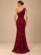 Women's Romantic Burgundy Floral Embroidered One Shoulder Slit Mermaid Maxi Evening Dress