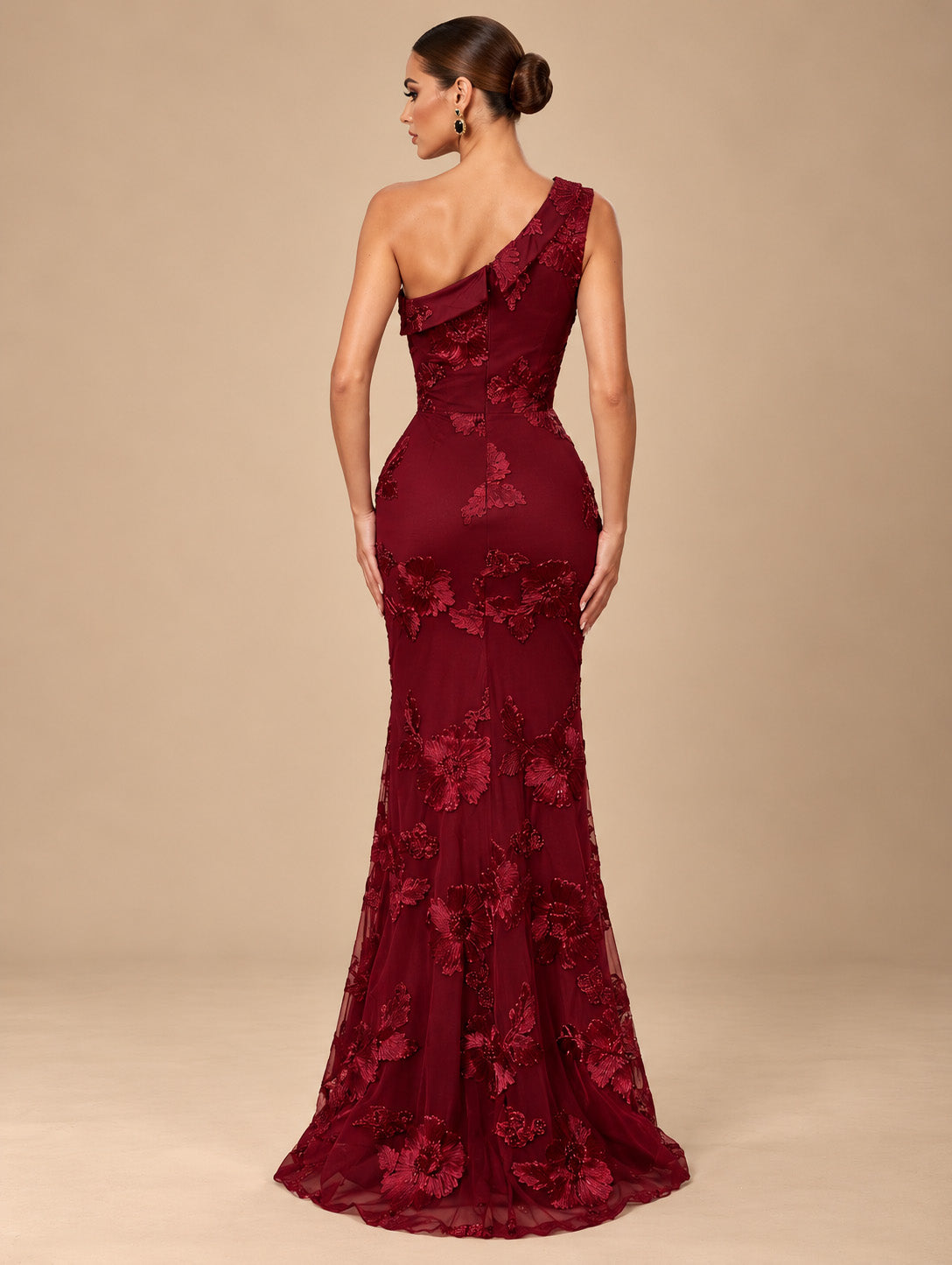 Women's Romantic Burgundy Floral Embroidered One Shoulder Slit Mermaid Maxi Evening Dress