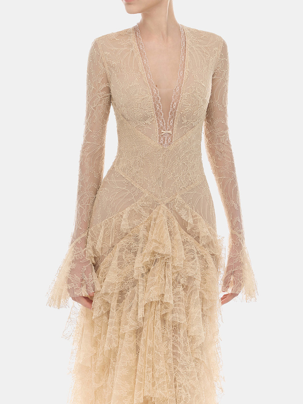 Women’s Champagne Elegant Floral Lace Deep V-Neck Long Sleeve A-Line Maxi Dress with Tiered Ruffle Detail