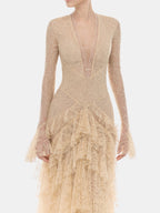 Women’s Champagne Elegant Floral Lace Deep V-Neck Long Sleeve A-Line Maxi Dress with Tiered Ruffle Detail