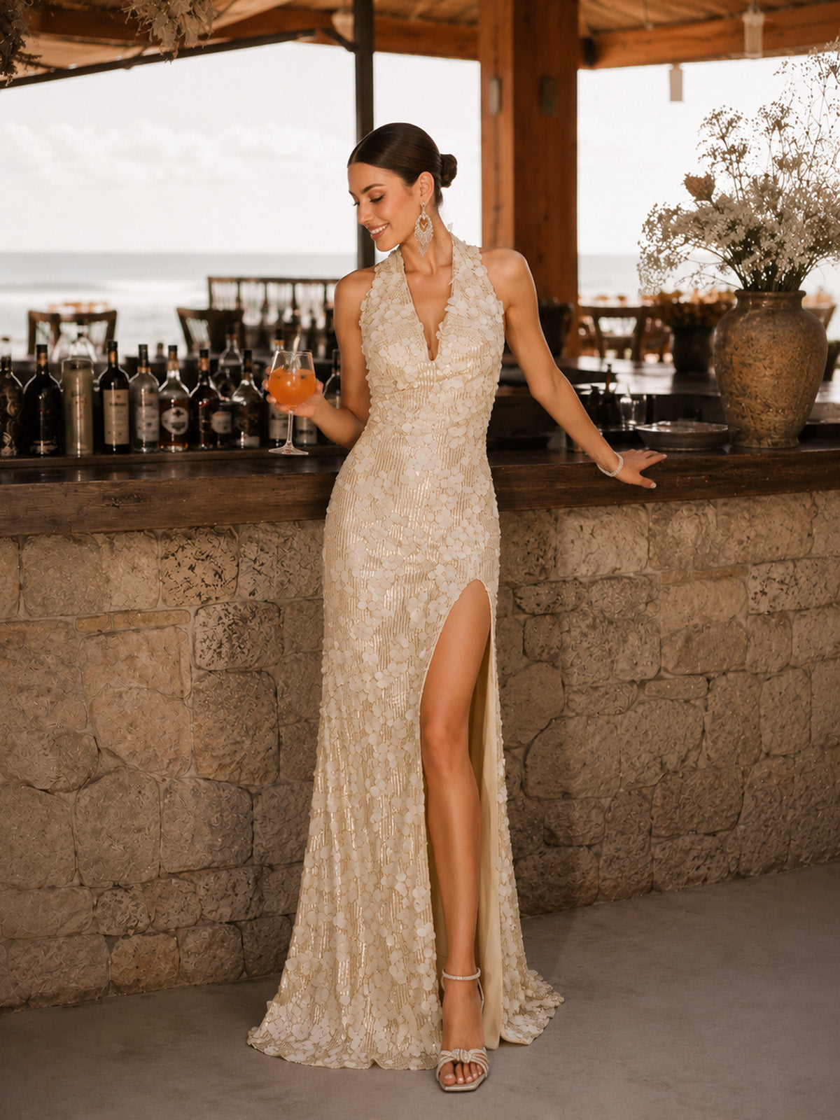 Women’s Ivory Lace Halter Neck Sleeveless Slim Maxi Dress with High Slit