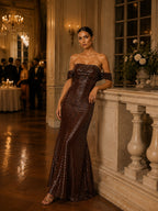 Damen Braunes Glamouröses Pailletten-Mesh Off-Shoulder Kurzarm-Maxikleid mit schmaler Passform