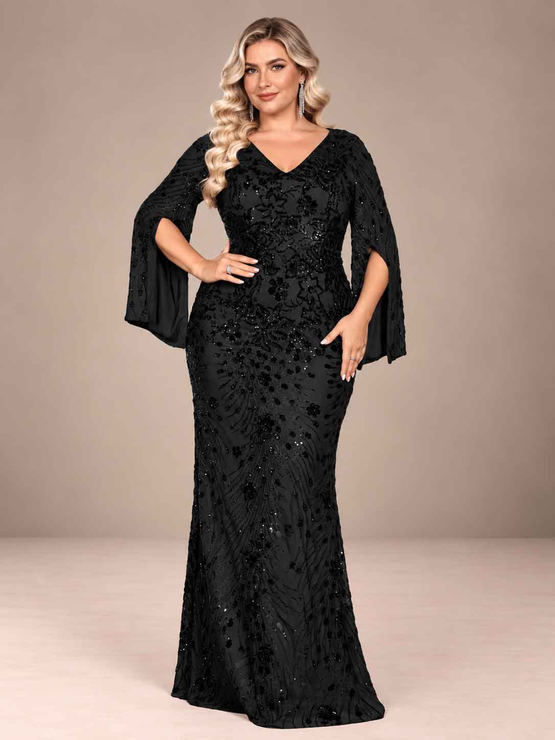 Women’s Teal Blue Elegant Sequin V-Neck Cape Sleeve Mermaid Maxi Dress with Floral Embroidery