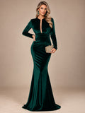 Women’s Dark Green Elegant Velvet V-Neck Long Sleeve Mermaid Maxi Dress with Sheer Mesh Detail