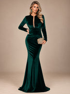 Women’s Dark Green Elegant Velvet V-Neck Long Sleeve Mermaid Maxi Dress with Sheer Mesh Detail