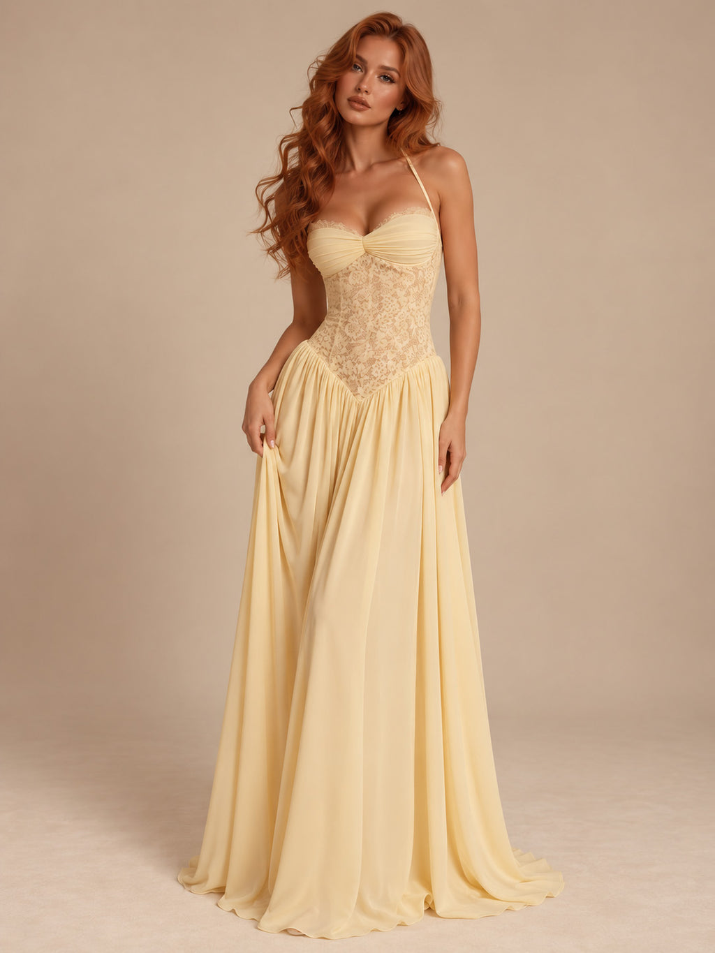 Women’s Blush Pink Elegant Chiffon Sweetheart Neck Spaghetti Strap A-Line Maxi Dress with Lace Corset Detail