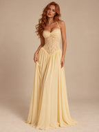 Women’s Blush Pink Elegant Chiffon Sweetheart Neck Spaghetti Strap A-Line Maxi Dress with Lace Corset Detail