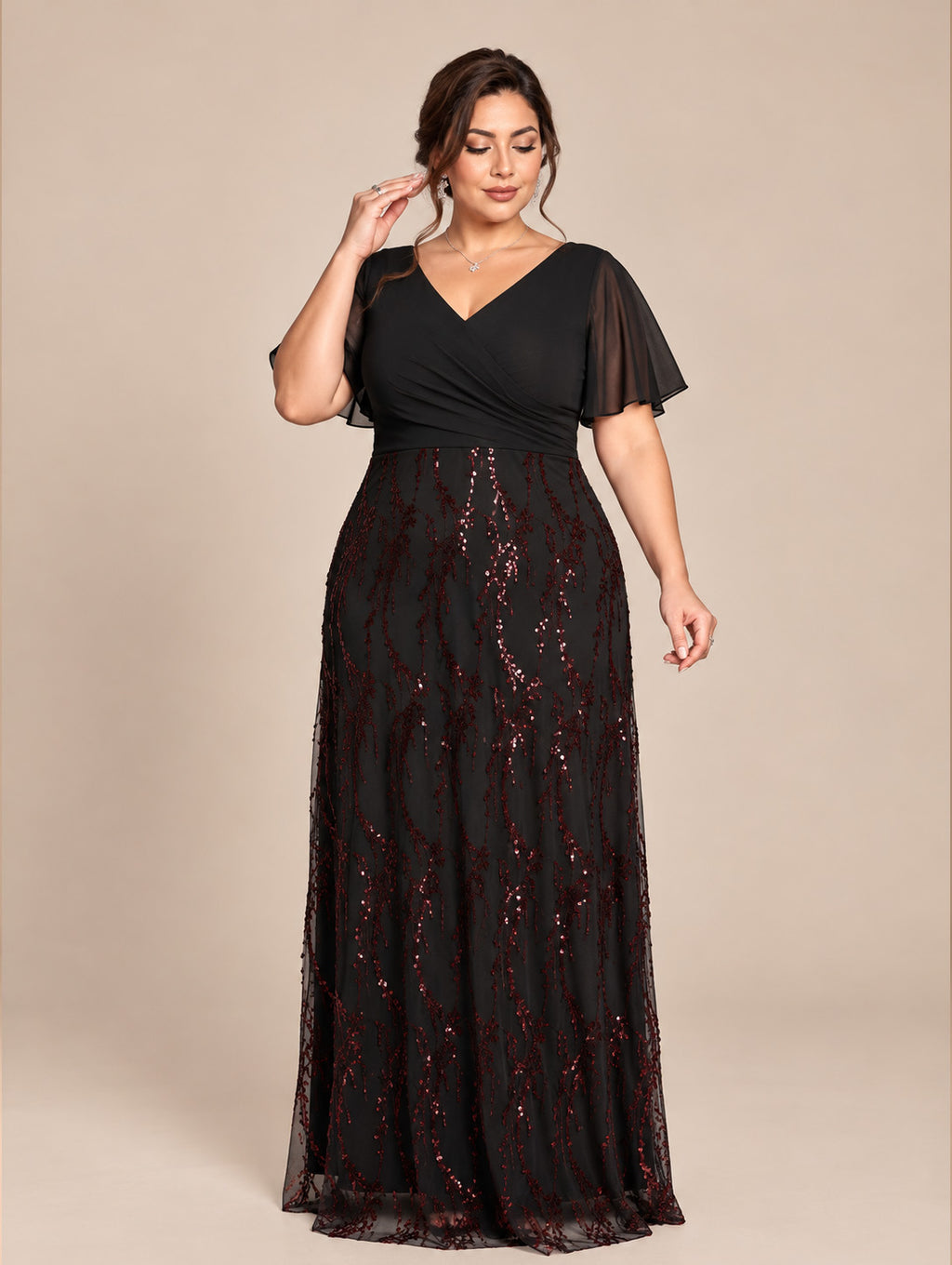 Women's Plus Size Burgundy Sequin V-Neck Flutter Sleeve A-Line Maxi Evening Dress