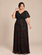 Women's Plus Size Burgundy Sequin V-Neck Flutter Sleeve A-Line Maxi Evening Dress