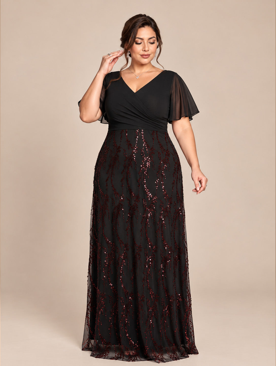 Women's Plus Size Burgundy Sequin V-Neck Flutter Sleeve A-Line Maxi Evening Dress