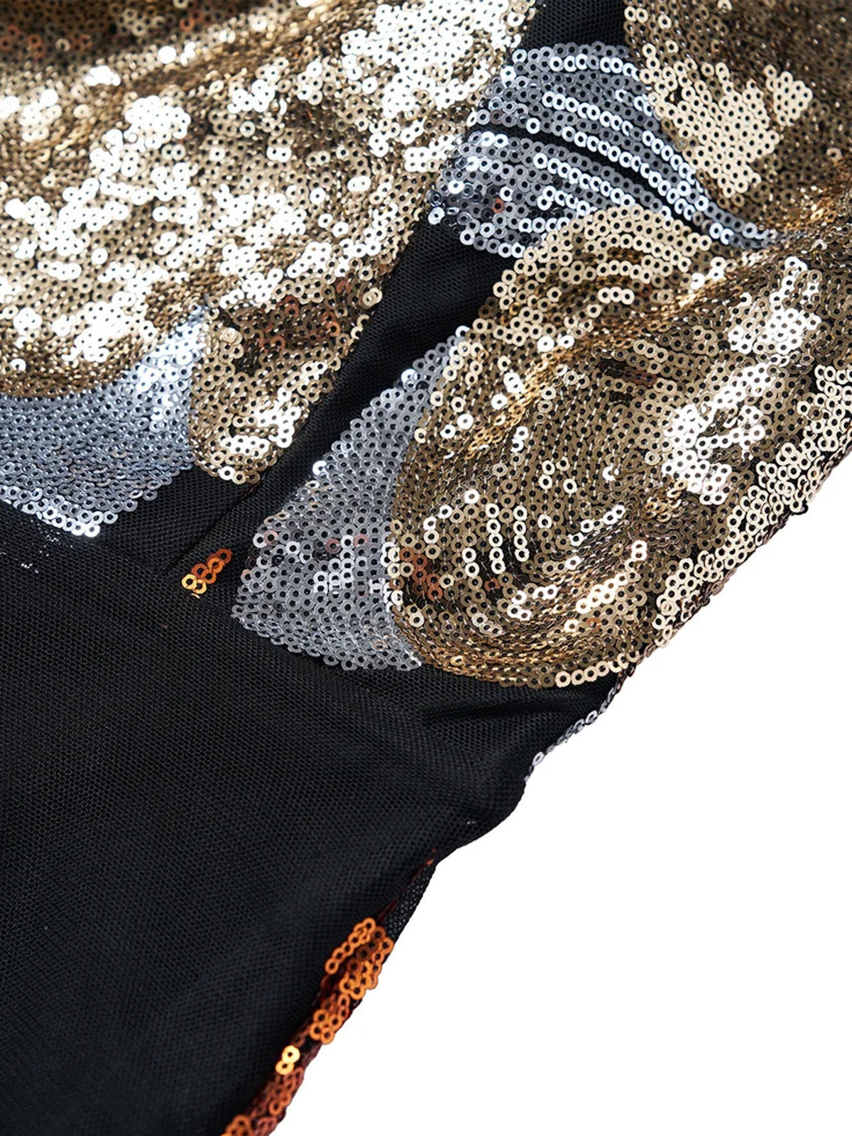 Women’s Black Gold Glamorous Sequin One-Shoulder Sleeveless Fitted Maxi Dress with Floral Detail