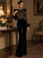 Women's Elegant Black Sheer Mesh Feather Trim Long Sleeve Top and Velvet Flared Pants Two-Piece Set