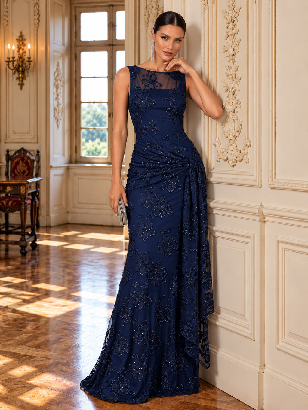 Women’s Emerald Green Elegant Sequin One Shoulder Sleeveless Mermaid Maxi Dress with Asymmetric Ruffle and Colorblock Detail