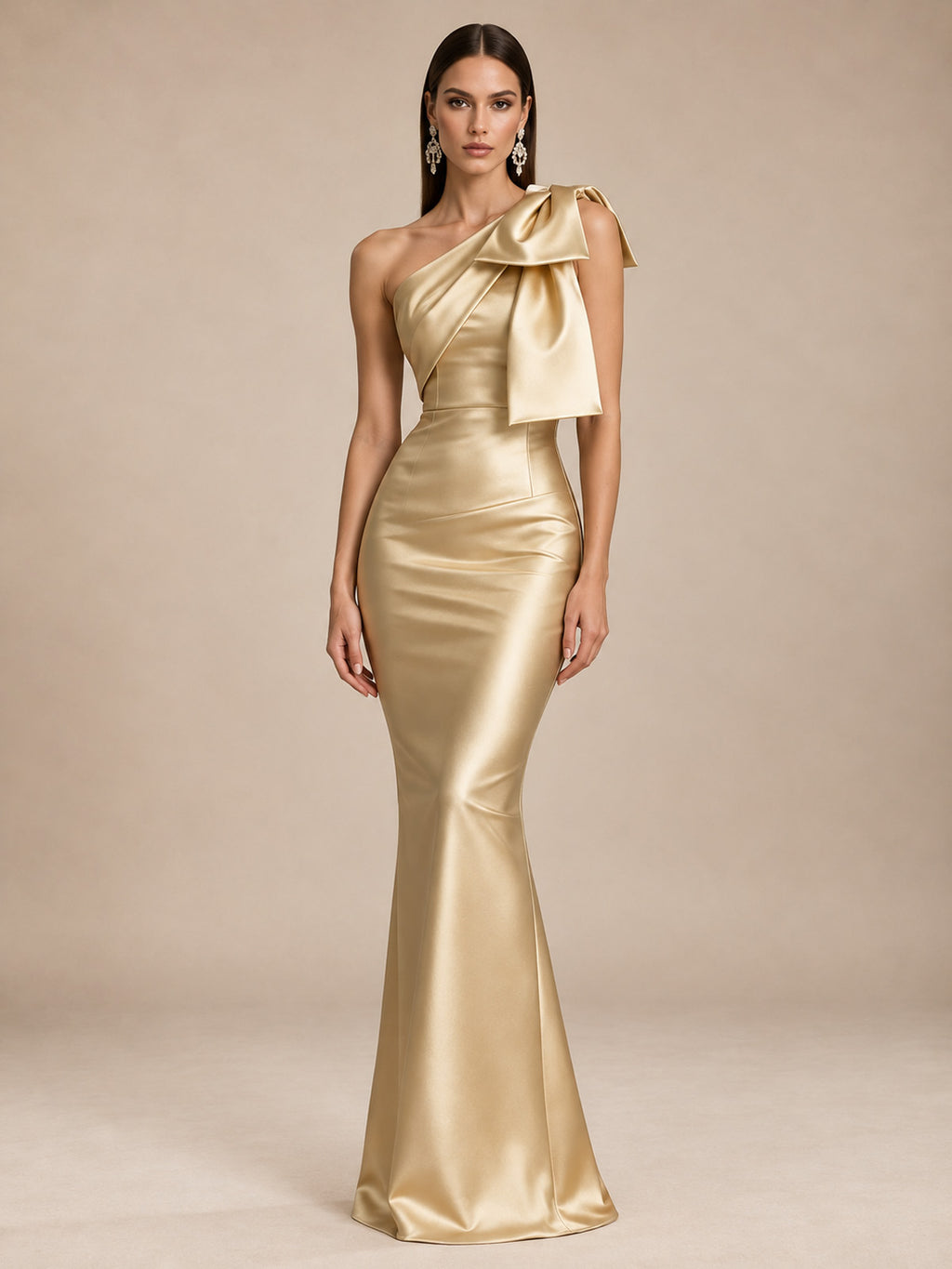 Women’s Burgundy Elegant Satin One Shoulder Sleeveless Mermaid Maxi Dress with Oversized Bow Detail