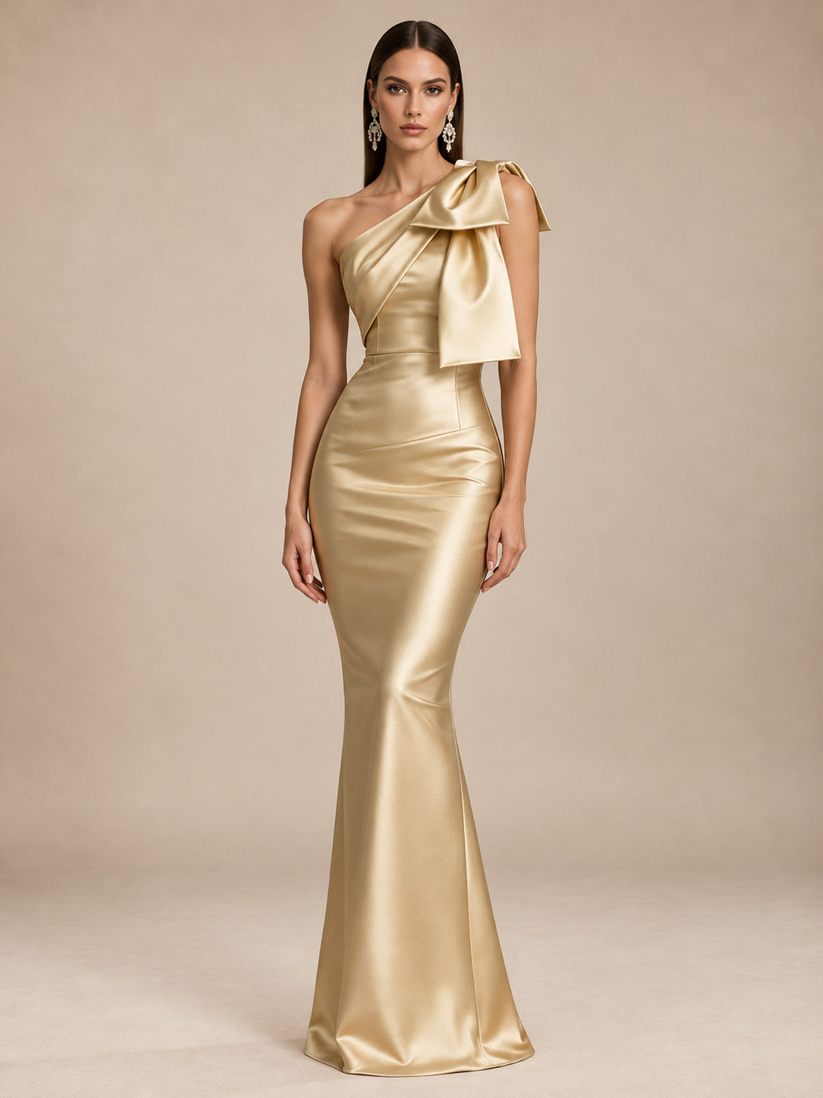 Women’s Burgundy Elegant Satin One Shoulder Sleeveless Mermaid Maxi Dress with Oversized Bow Detail