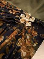Women’s Olive Green Elegant Satin One Shoulder Sleeveless Floral Chiffon High Slit Maxi Dress with Corsage Detail