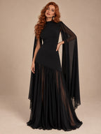 Women’s Butter Yellow Elegant Chiffon High Neck Sleeveless Maxi Dress with Cape Sleeves and Asymmetric Mermaid Hem