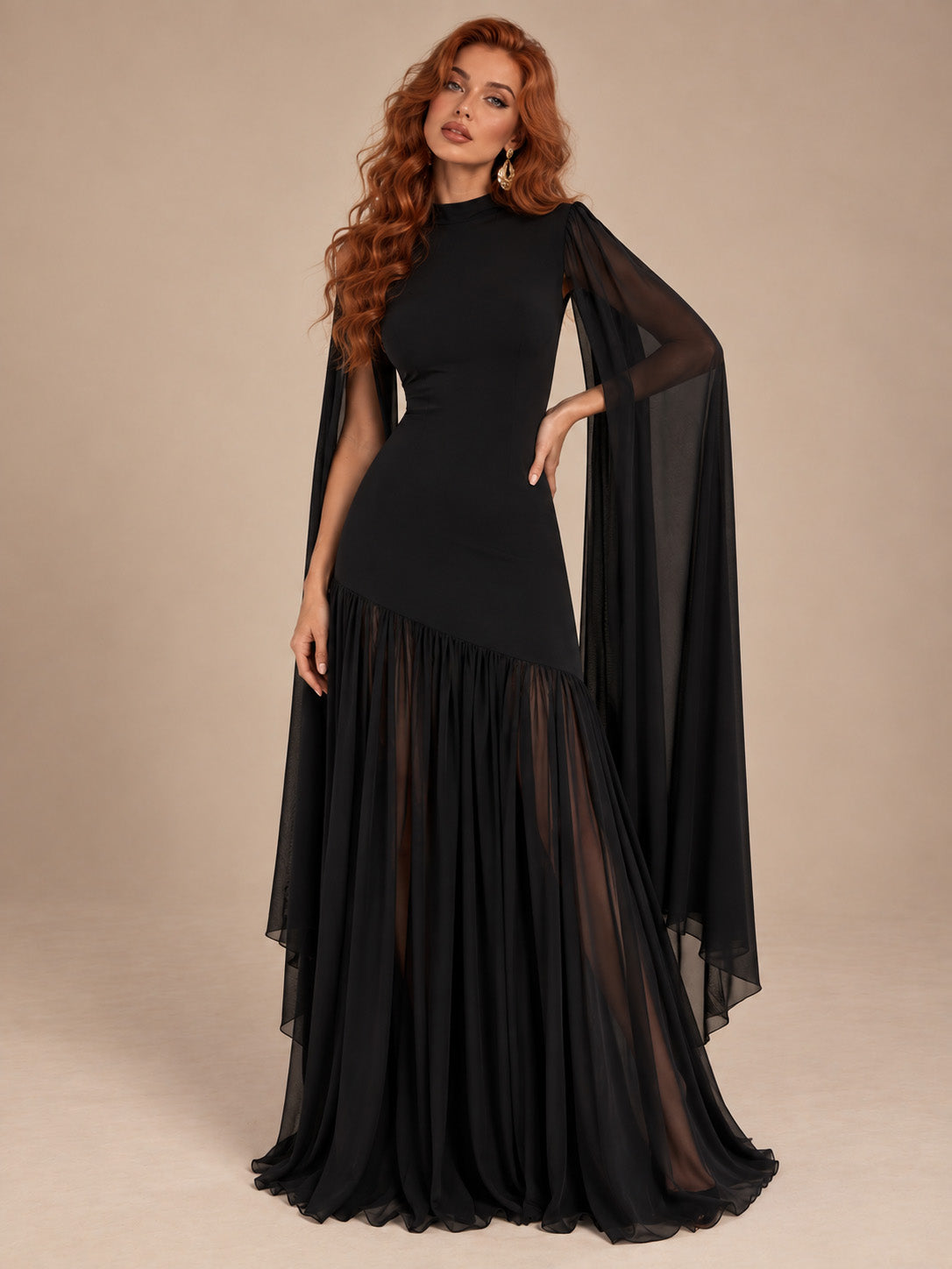 Women’s Butter Yellow Elegant Chiffon High Neck Sleeveless Maxi Dress with Cape Sleeves and Asymmetric Mermaid Hem