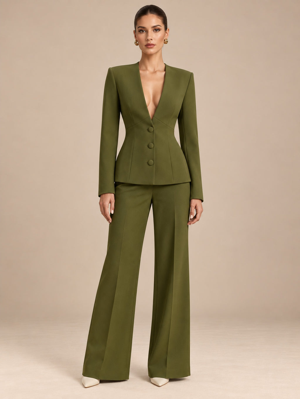 Women's Tailored Deep V-Neck Long Sleeve Blazer and Wide-Leg Pants Set with Three-Button Detail