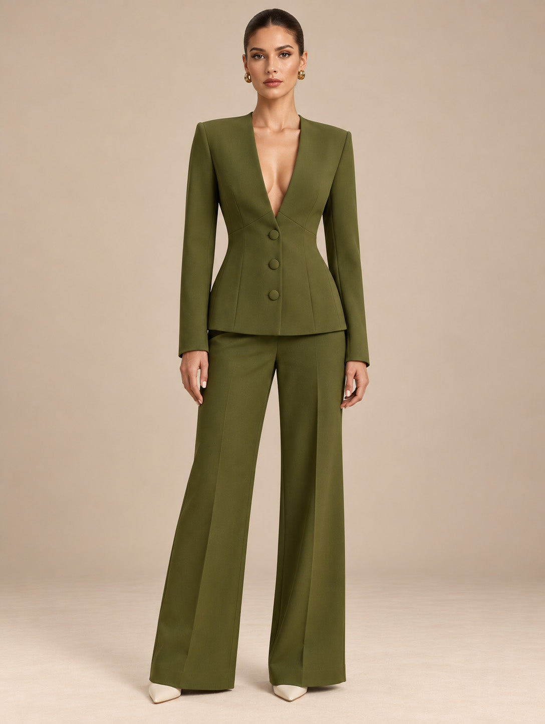 Women's Tailored Deep V-Neck Long Sleeve Blazer and Wide-Leg Pants Set with Three-Button Detail