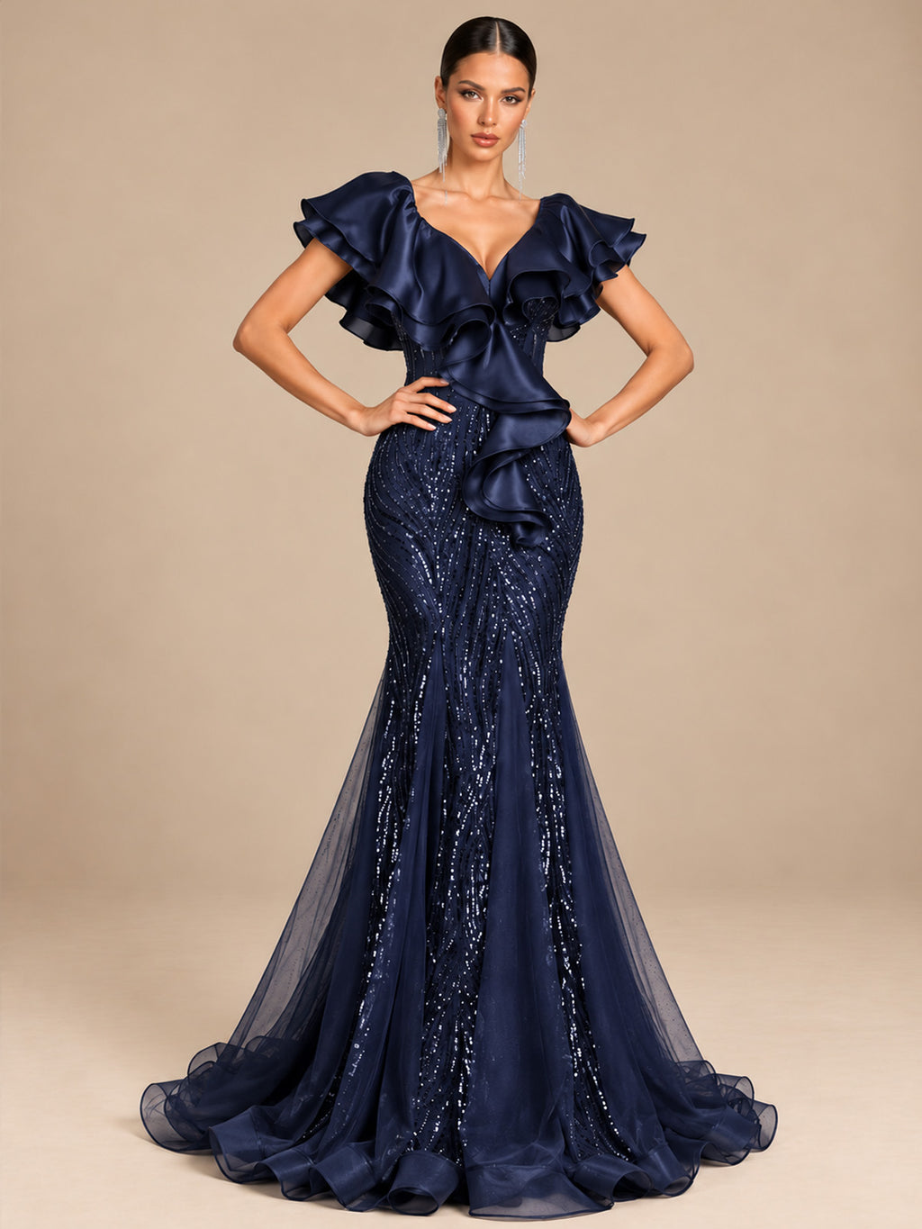 Women’s Olive Green Elegant Sequin V-Neck Short Ruffle Sleeve Mermaid Maxi Dress with Cascading Ruffle Detail
