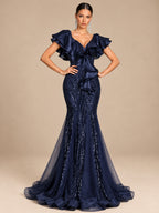 Women’s Olive Green Elegant Sequin V-Neck Short Ruffle Sleeve Mermaid Maxi Dress with Cascading Ruffle Detail