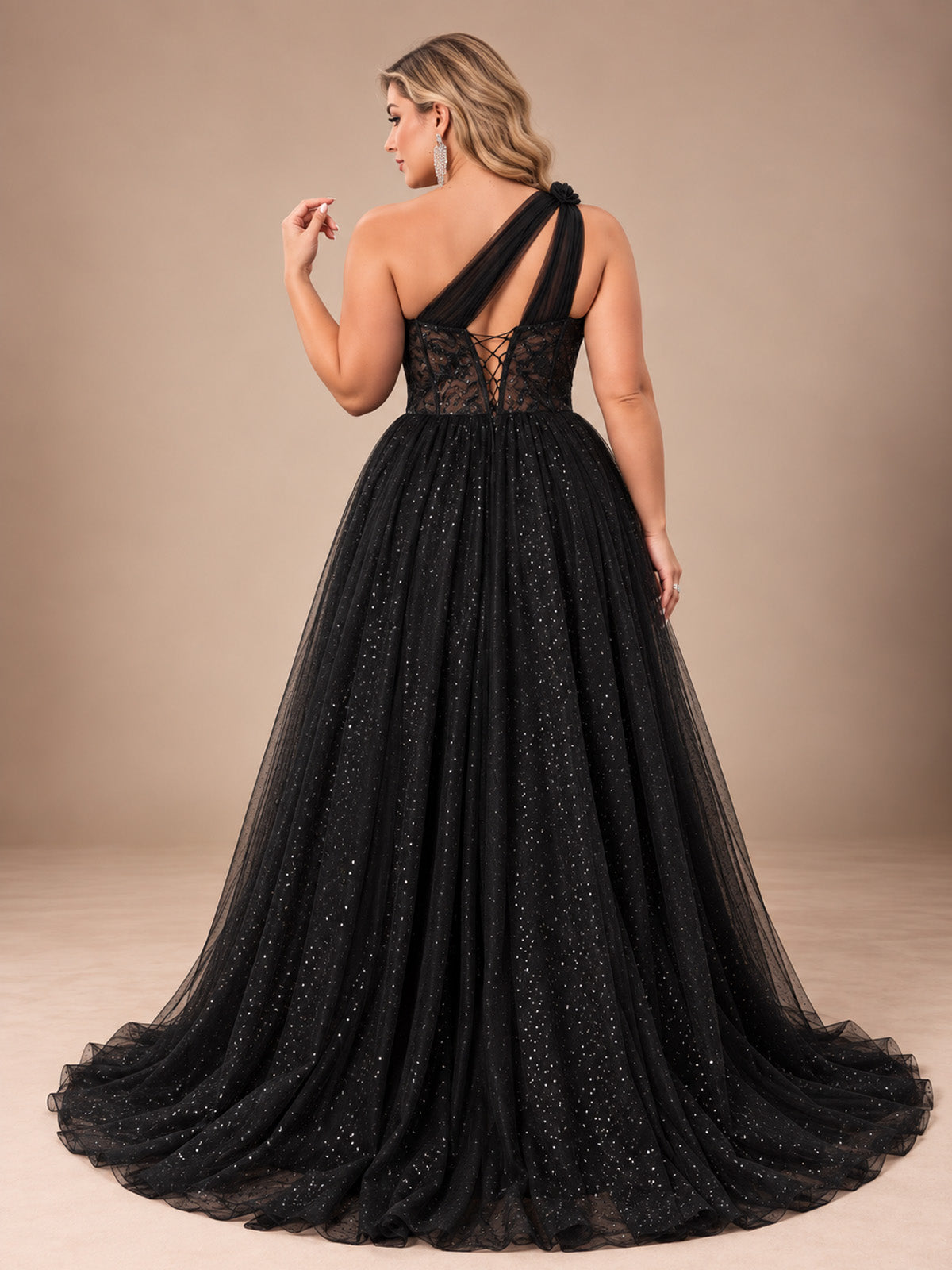 Women’s Black Glamorous Glitter One Shoulder Sleeveless A-Line Maxi Dress with Sheer Lace Corset and High Slit