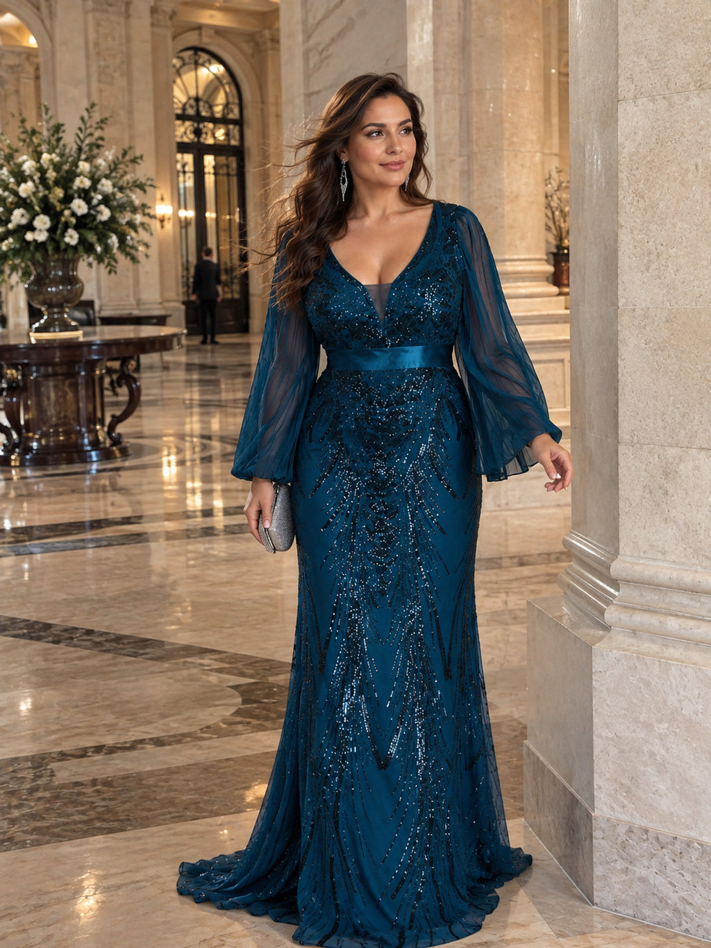 Women’s Teal Blue Elegant Sequin V-Neck Long Bell Sleeve Mermaid Maxi Dress with Pleated Chiffon Detail