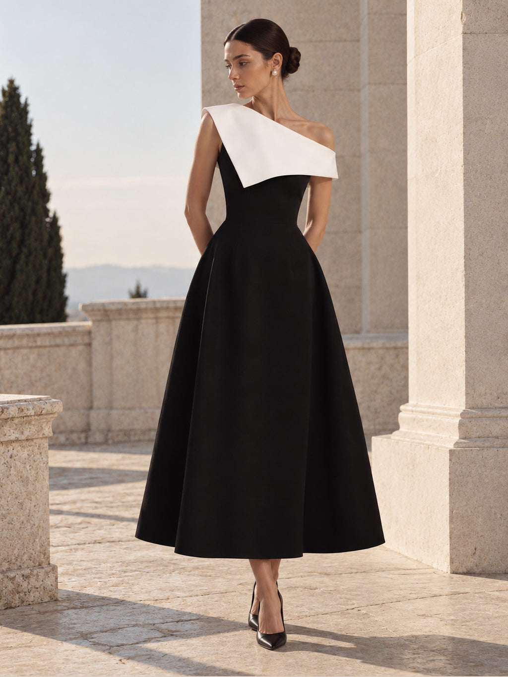 Women’s Black and White Elegant Asymmetric Off-Shoulder Sleeveless A-Line Midi Dress with Colorblock Detail