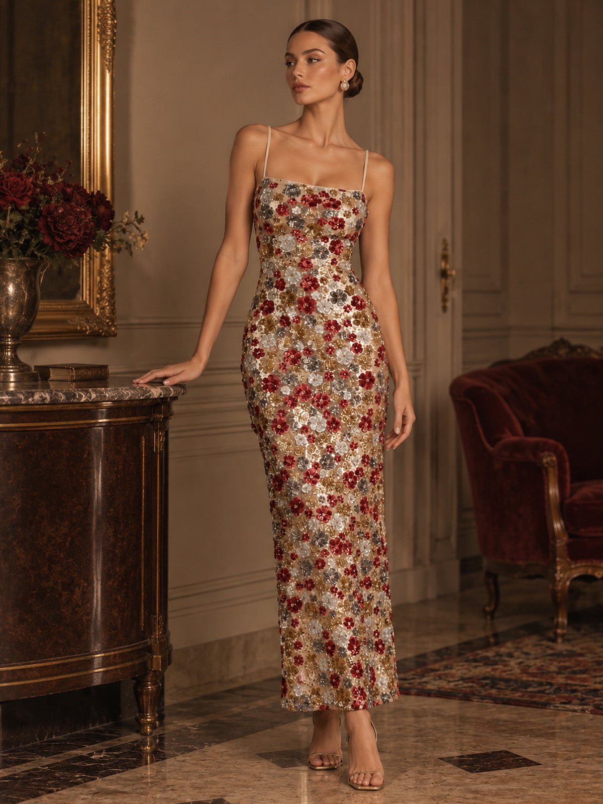 Women’s Champagne Gold Elegant Floral Sequin Square Neck Spaghetti Strap Sleeveless Sheath Maxi Dress with Back Slit