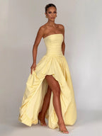 Women’s Butter Yellow Elegant Strapless Sleeveless A-Line Maxi Dress with Ruched Bodice, High-Low Hem and Lace-Up Back