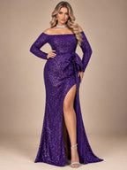 Plus Size Off The Shoulder Bow Knot Split Maxi Evening Dress