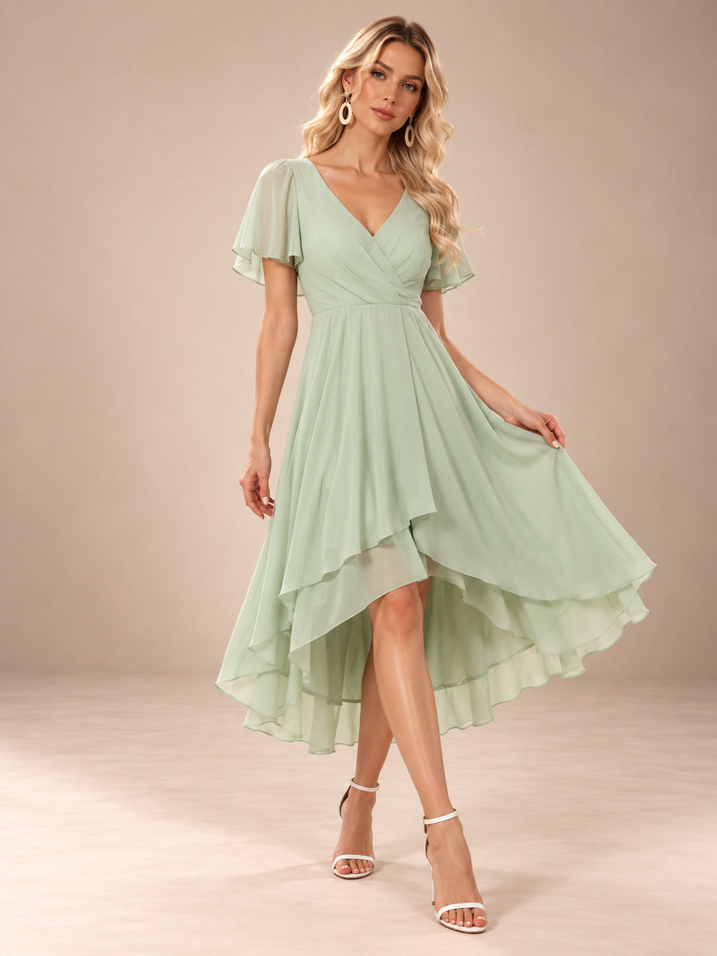 Women’s Emerald Green Elegant Chiffon V-Neck Flutter Sleeve High-Low A-Line Midi Dress with Wrap Detail