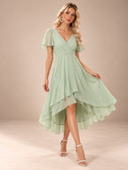 Women’s Emerald Green Elegant Chiffon V-Neck Flutter Sleeve High-Low A-Line Midi Dress with Wrap Detail