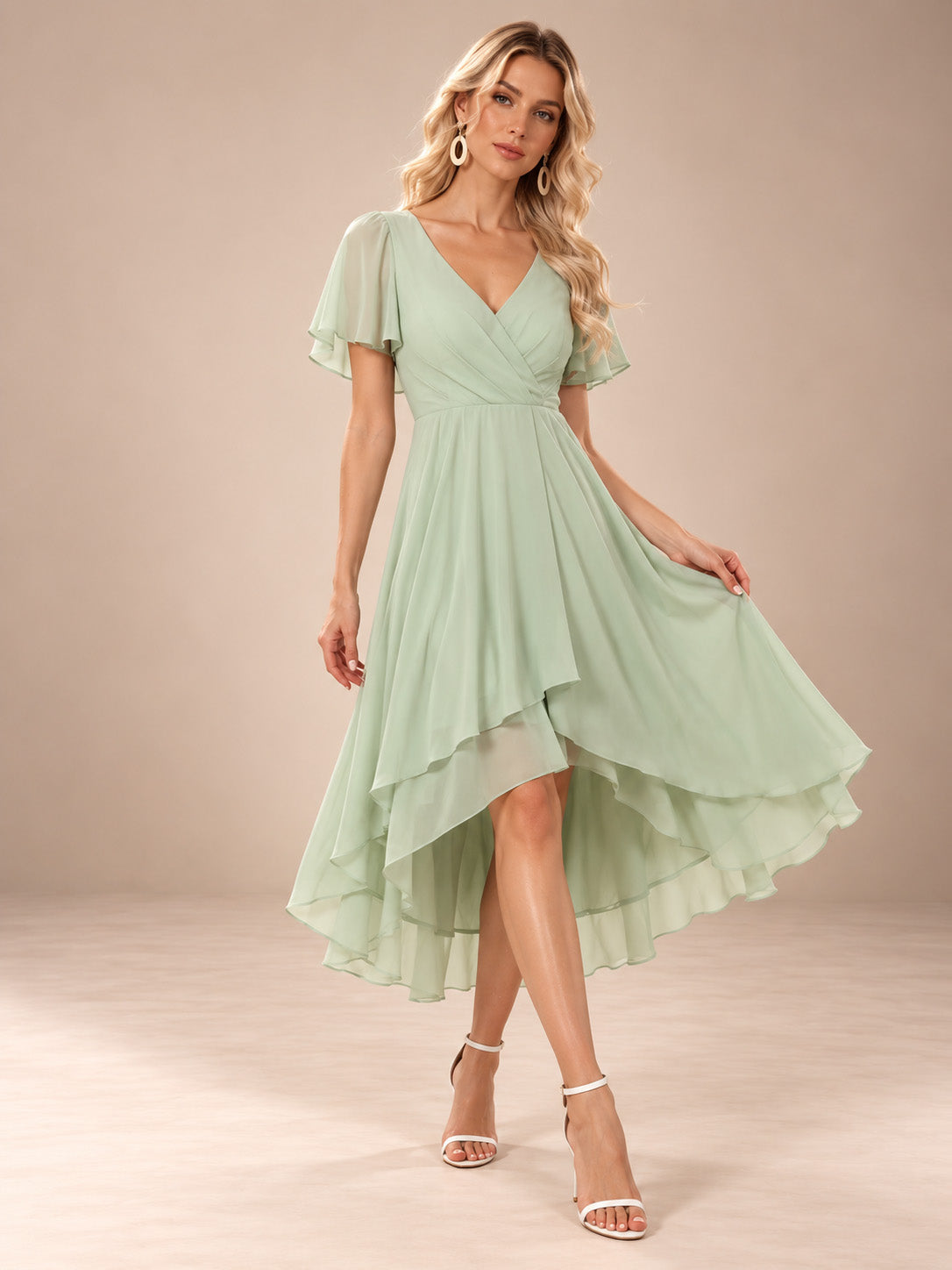 Women’s Emerald Green Elegant Chiffon V-Neck Flutter Sleeve High-Low A-Line Midi Dress with Wrap Detail