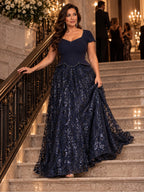 Women’s Navy Blue Elegant Sequin Sweetheart Neck Short Sleeve A-Line Maxi Dress with Peplum Waist Detail