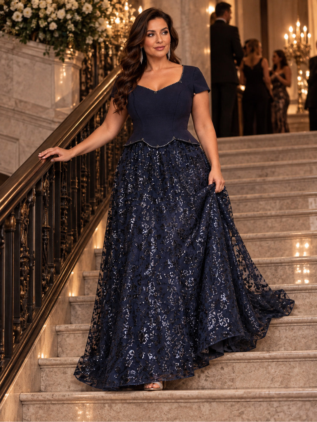 Women’s Navy Blue Elegant Sequin Sweetheart Neck Short Sleeve A-Line Maxi Dress with Peplum Waist Detail