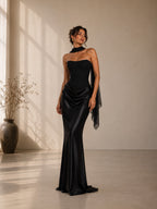 Women’s Elegant Satin Sweetheart Strapless Sleeveless Slim Maxi Evening Dress