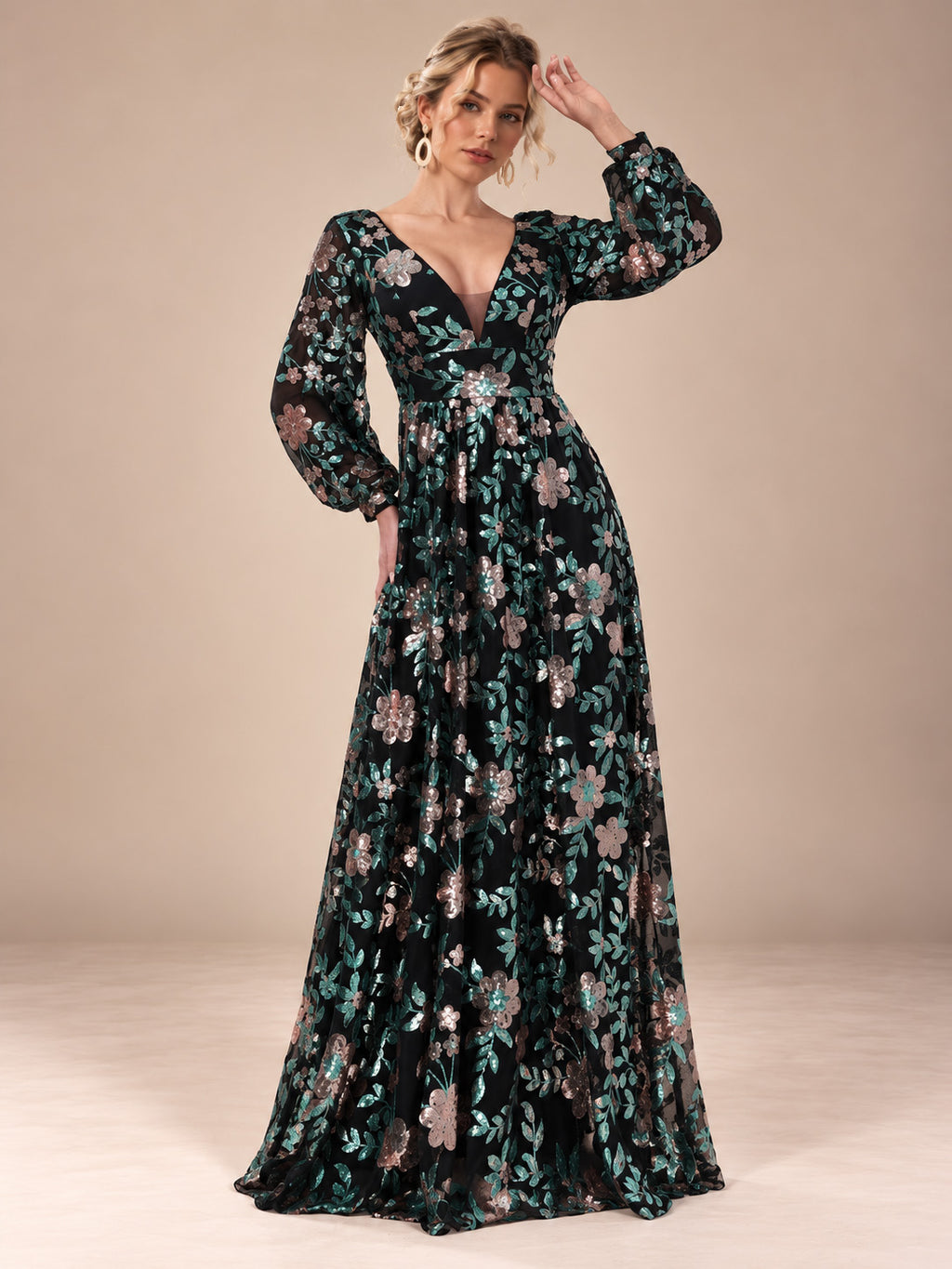 Women’s Champagne Elegant Floral Sequin V-Neck Long Sleeve A-Line Maxi Dress with Sheer Mesh Detail