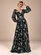 Women’s Champagne Elegant Floral Sequin V-Neck Long Sleeve A-Line Maxi Dress with Sheer Mesh Detail