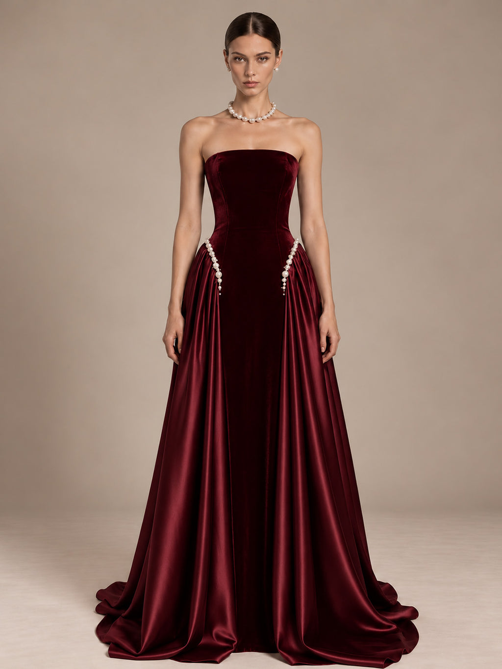 Women’s Navy Blue Elegant Velvet Strapless Sleeveless A-Line Maxi Dress with Pearl Embellishment and Lace-Up Back Detail