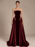 Women’s Navy Blue Elegant Velvet Strapless Sleeveless A-Line Maxi Dress with Pearl Embellishment and Lace-Up Back Detail