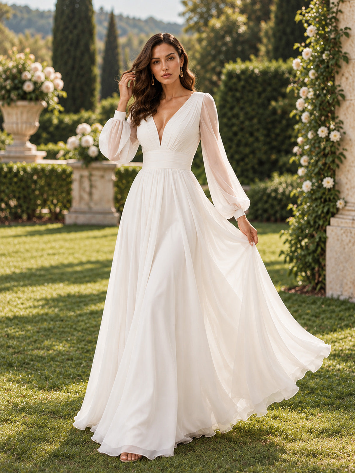 Women’s Navy Blue Elegant Chiffon V-Neck Long Sleeve Regular Floor-Length Wedding Guest Dress with Pleated Detail