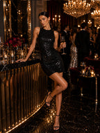 Women’s Black Luxe Sequin Round Neck Sleeveless Bodycon Mini Dress